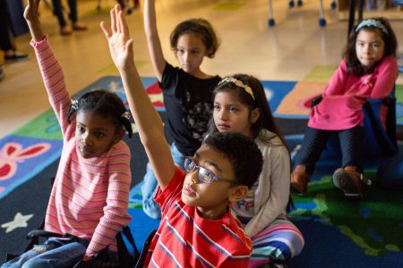 diverse, students, raised hand, school