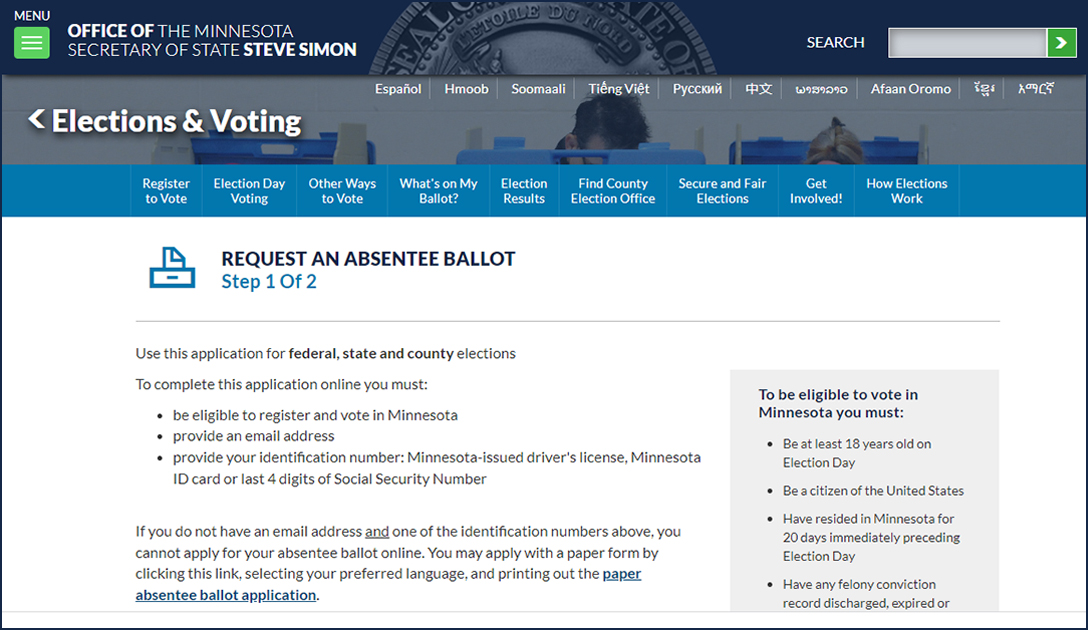 Minnesota, absentee ballot, web page
