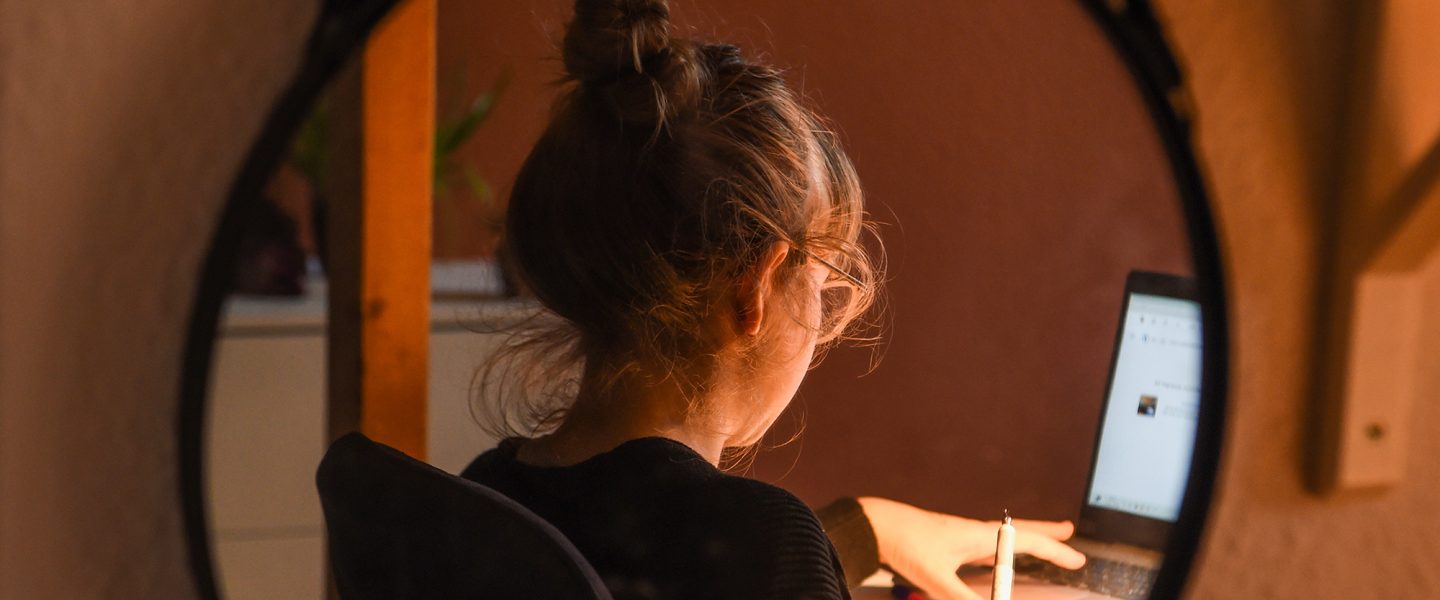 Girl, mirror, working