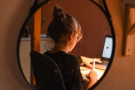 Girl, mirror, working