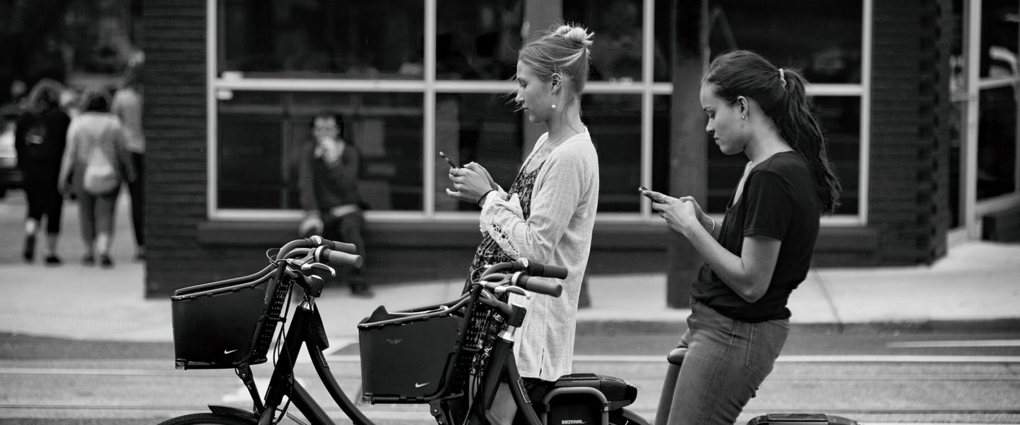 cell phone, bike, Portland, women