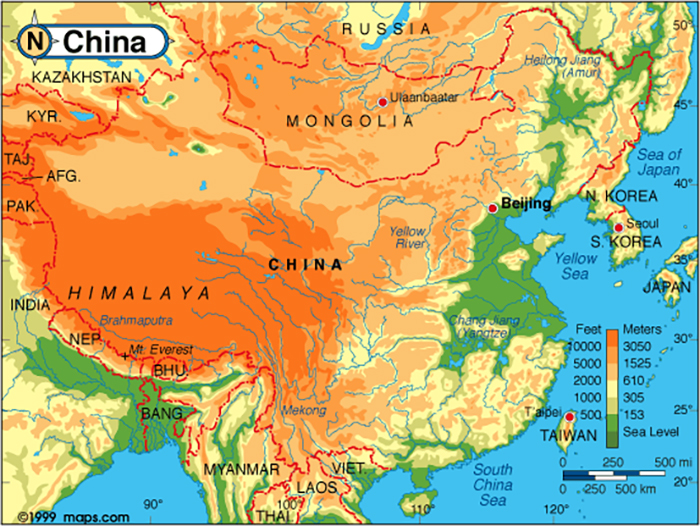 China, map, sea level rise