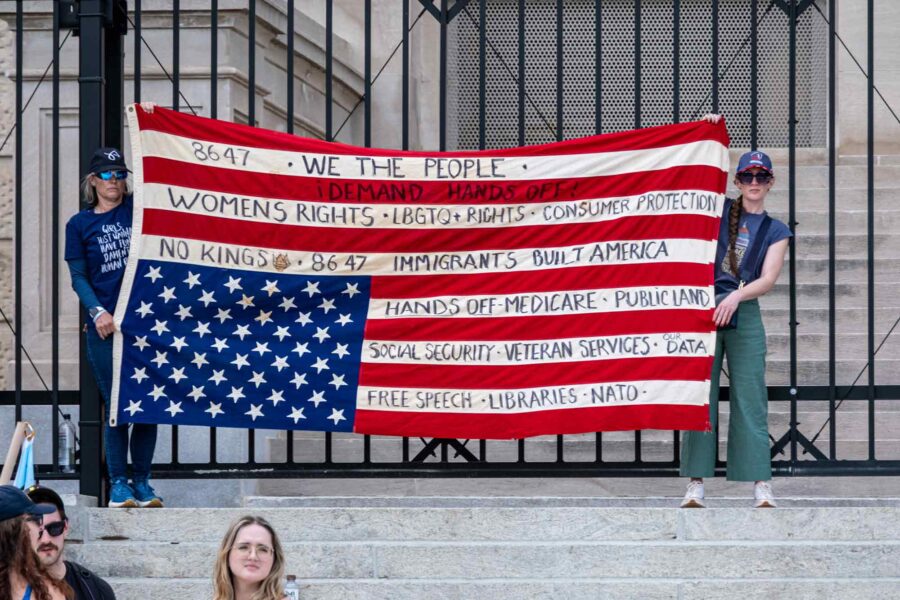 Hands Off protest, flag, Atlanta, GA