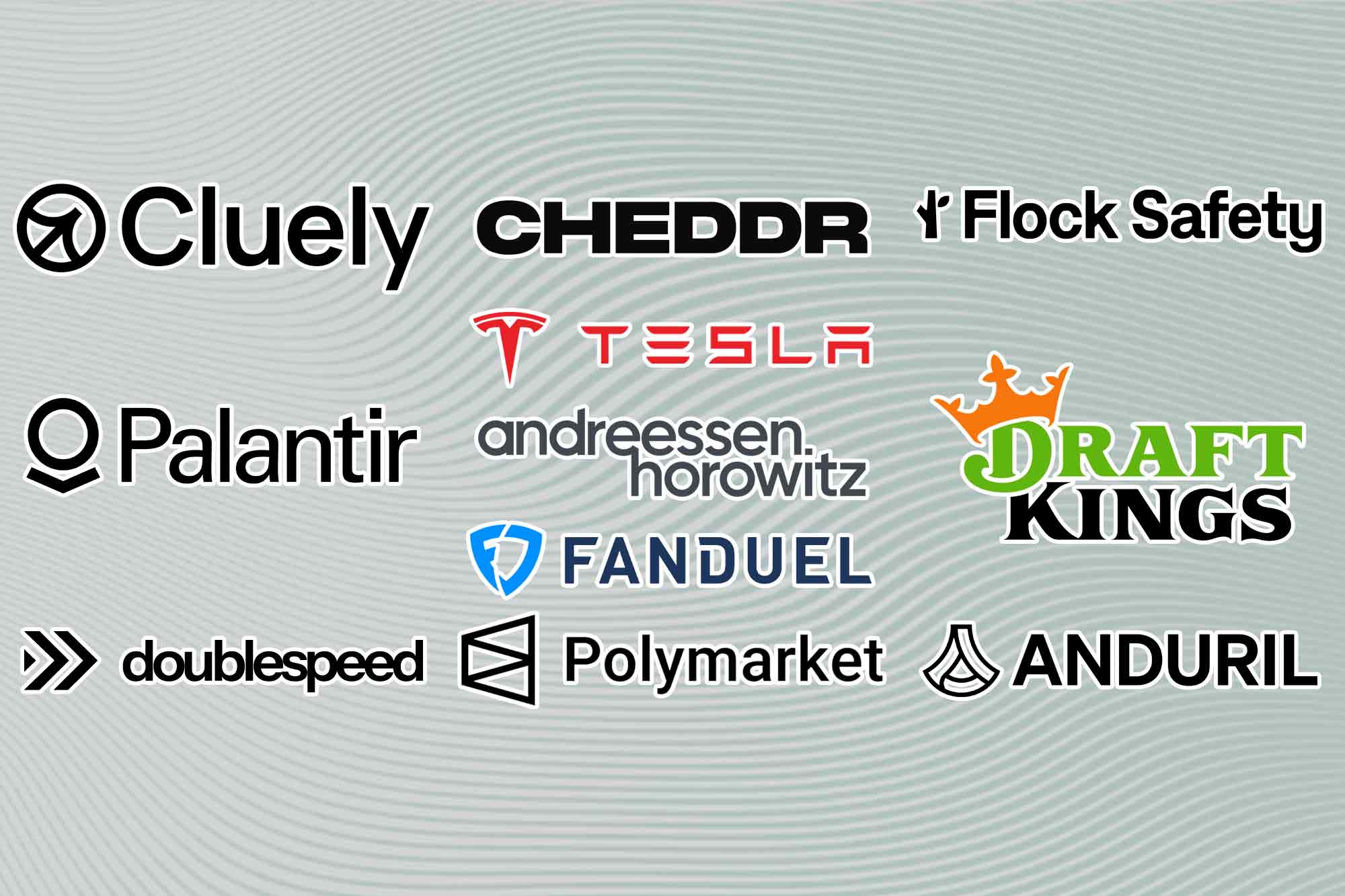 Andreessen Horowitz, Palantir, Anduril, Flock Safety, Tesla, Fanduel, Draft Kings, Polymarket, Cheddr, DoubleSpeed, Cluely