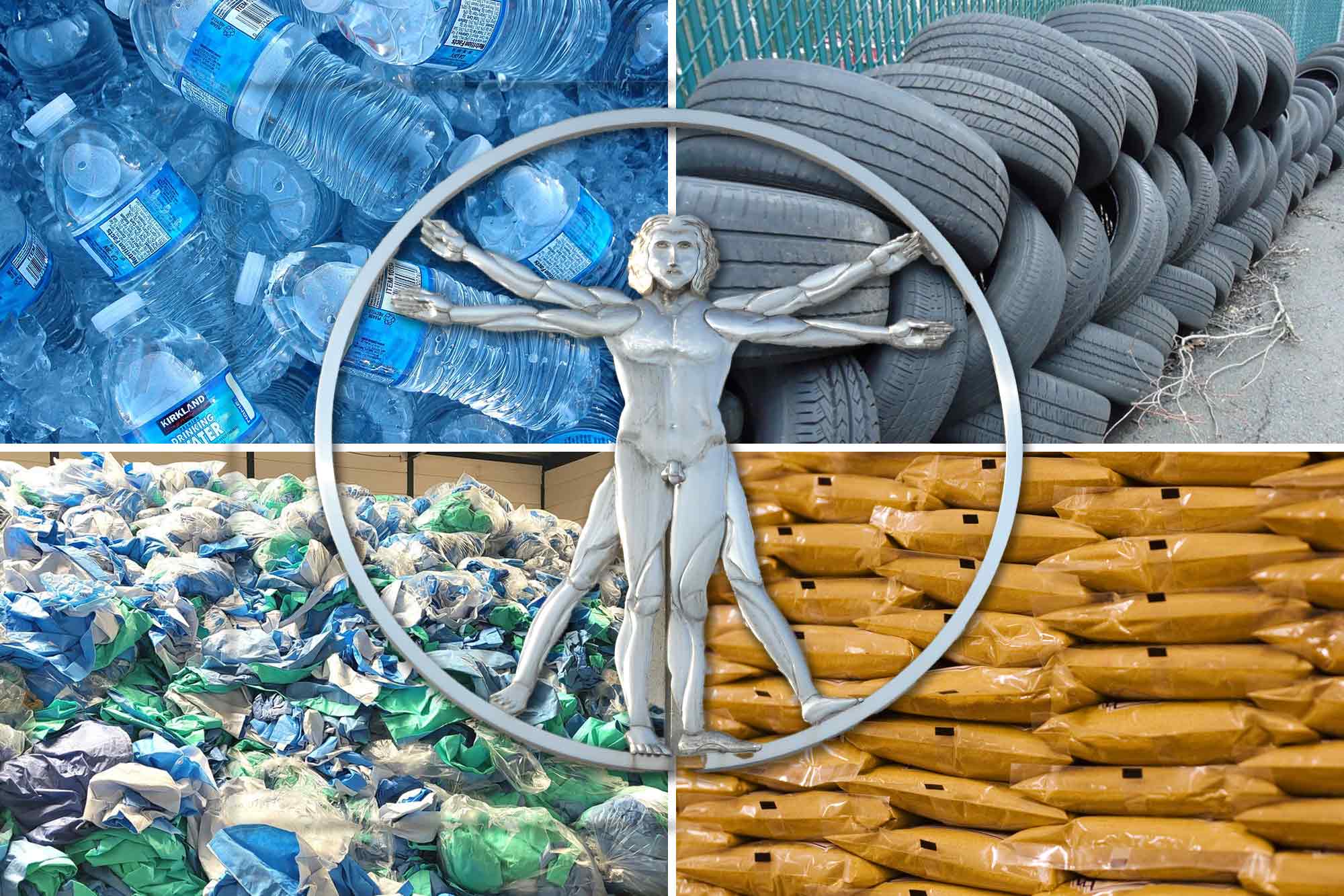 Microplastics, Water Bottles, Tires, Medical Waste, and Plastic Bags, da Vinci man